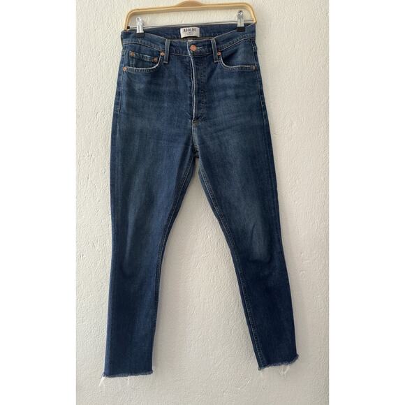 AGOLDE 27 High Rise Straight Crop Raw Hem Button Fly Denim Jeans Stretch EUC - Picture 1 of 11